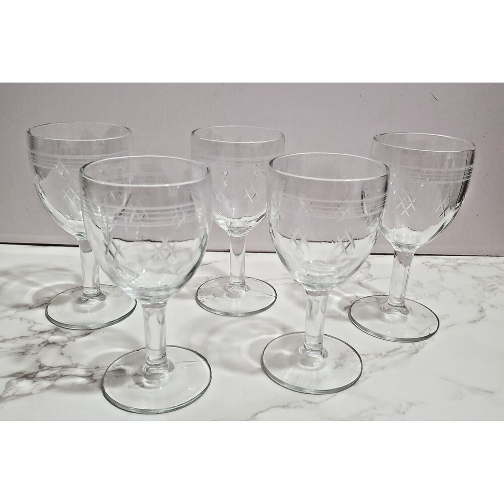 Standard Glass Co Wine Glass Set 5 Stemmed Etched 6-7/8" Criss Cross Banded VTG